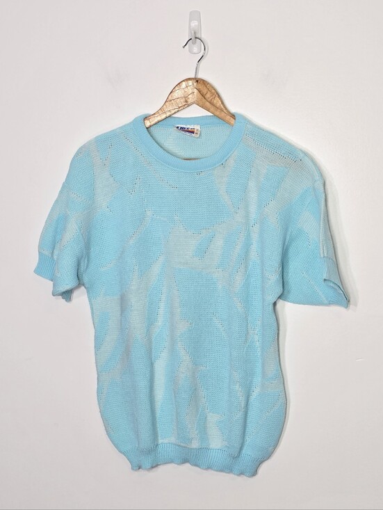 Vintage Sweaters - Vintage Tree-KO Blue Retro Knitted Short Sleeve Pull Over Sweater Made In Canada